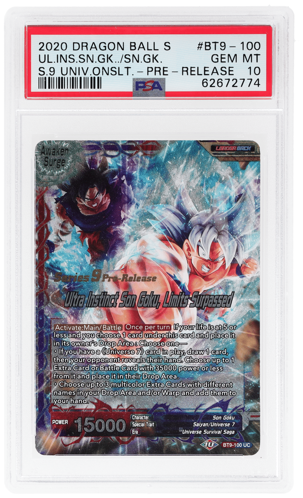 2020 Dragon Ball Super Series 9 Universal Onslaught Pre-Release Ultra Instinct Son Goku, Limits Surpassed #BT9-100 PSA 10