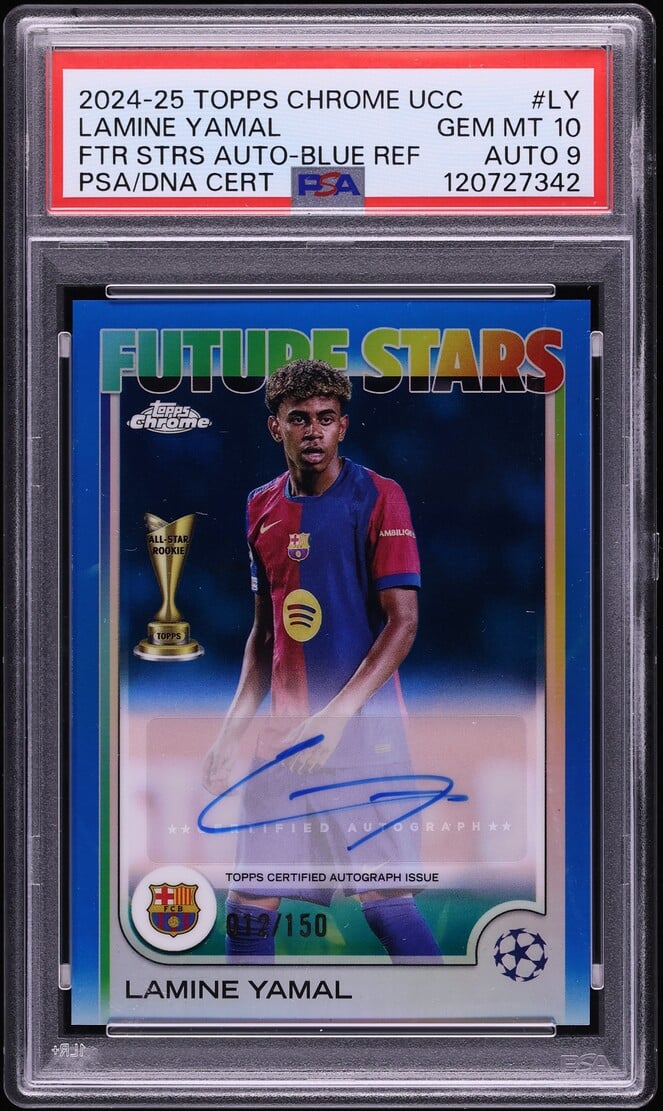 2024 Topps Chrome UEFA CC Future Stars Blue Refractor Lamine Yamal AUTO DNA 9 /150 PSA 10 GEM