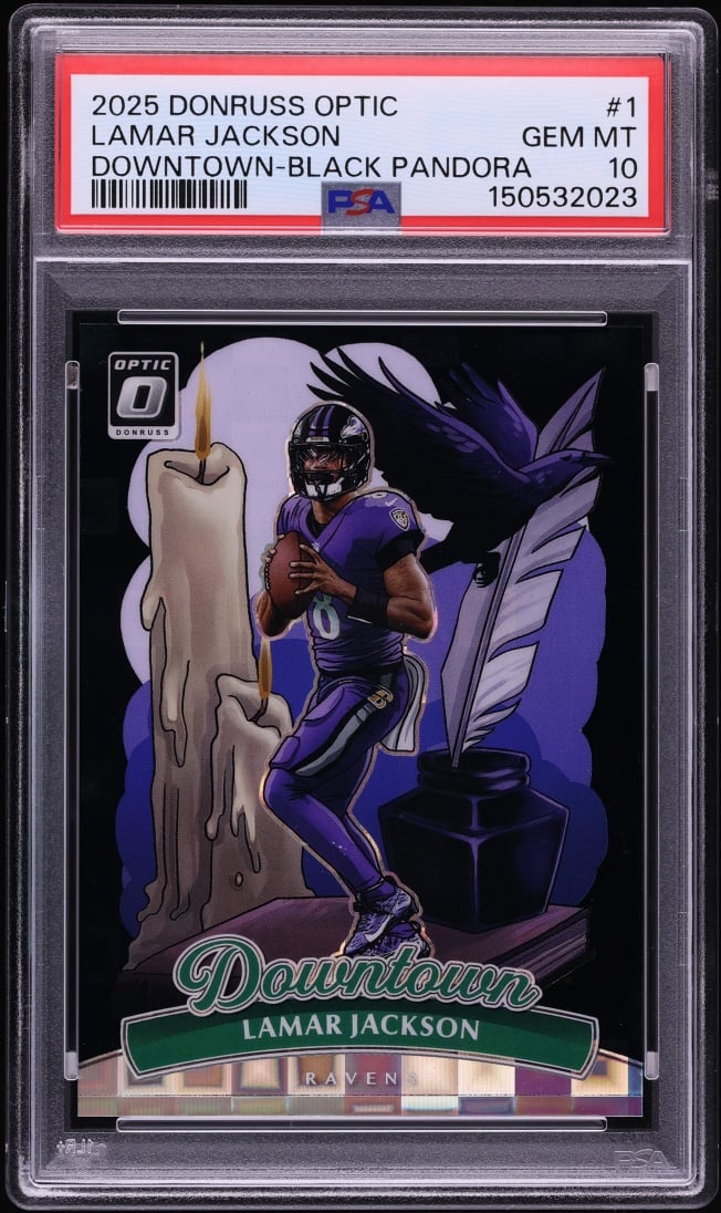 2025 Donruss Optic Downtown Black Pandora Lamar Jackson /25 #1 PSA 10 GEM MINT