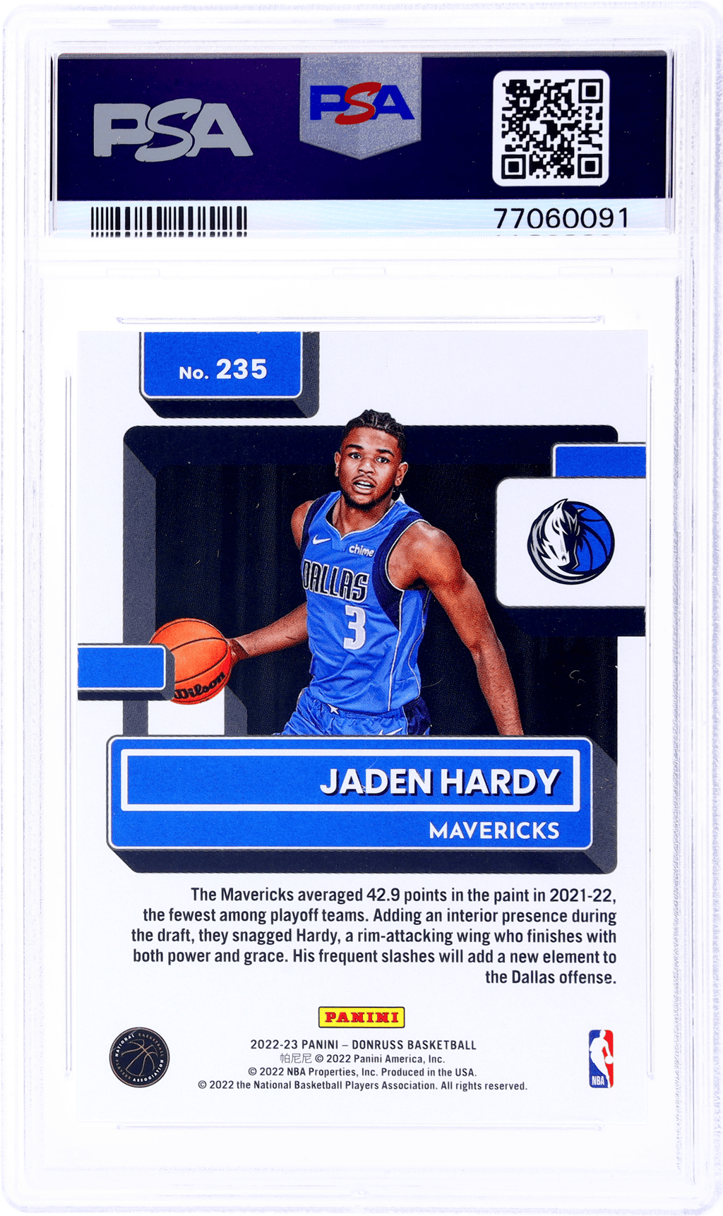 2022 Panini Donruss Jaden Hardy #235 PSA 9 (back)
