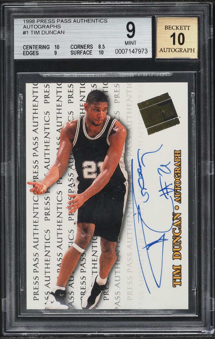 1998 Press Pass Authentics Tim Duncan AUTO #1 BGS 9 MINT