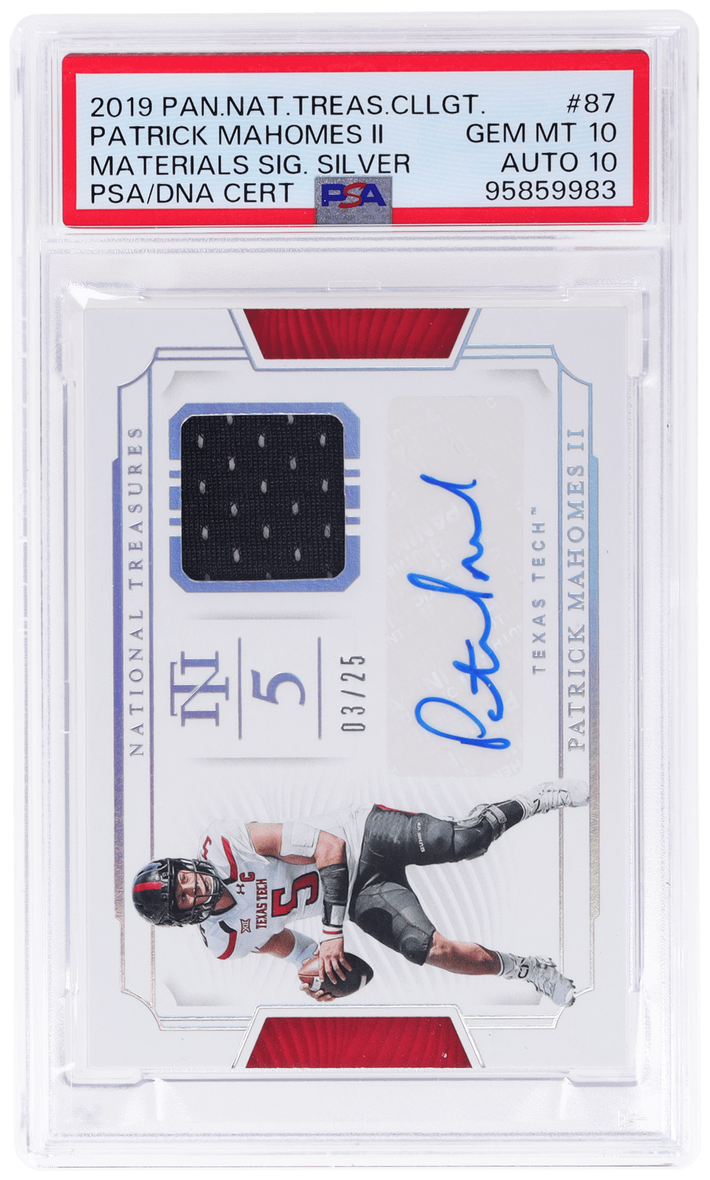 2019 National Treasures Collegiate Material Signature Silver Patrick Mahomes II #87 3/25 PSA 10
