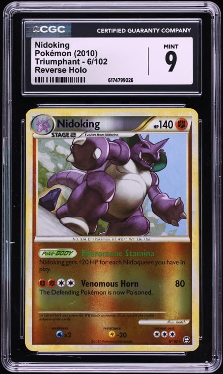 2010 Pokemon HGSS Triumphant Reverse Holo Nidoking #6 CGC 9 MINT
