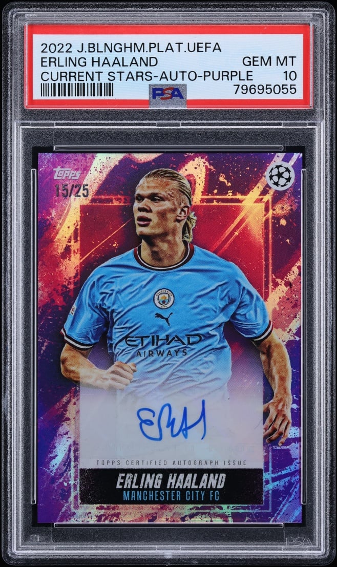 2022 Topps Bellingham Platinum UEFA Current Stars Purple Erling Haaland AUTO /25 PSA 10 GEM