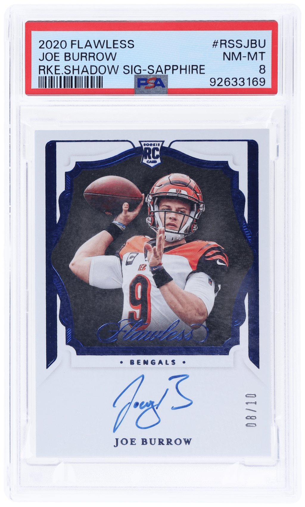 2020 Panini Flawless Rookie Shadow Signature Sapphire Joe Burrow #RSSJBU 8/10 PSA 8