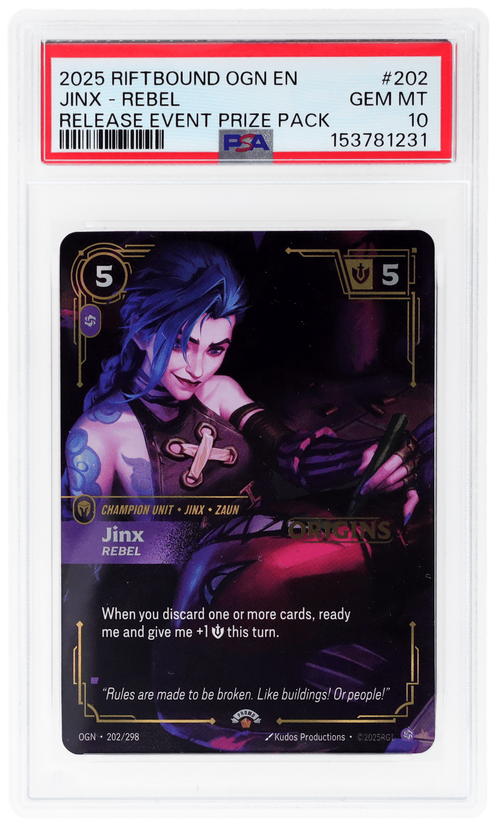 2025 Riftbound League of Legends Origins Release Event Prize Pack Jinx #202 PSA 10