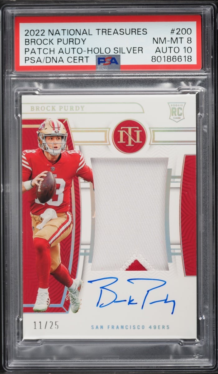 2022 National Treasures Holo Silver Brock Purdy ROOKIE PATCH AUTO DNA 10 /25 #200 PSA 8 NM-MT