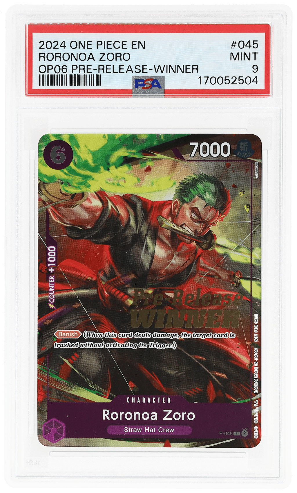 2024 One Piece Promo Wings of the Captain Prerelease Winner Roronoa Zoro #P045 PSA 9