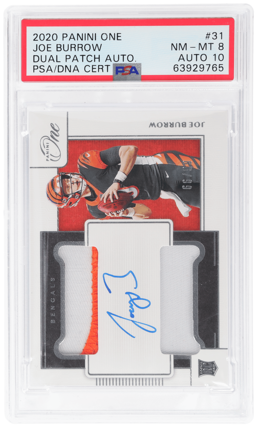 2020 Panini One Dual Patch Autograph Joe Burrow #31 66/99 PSA 8