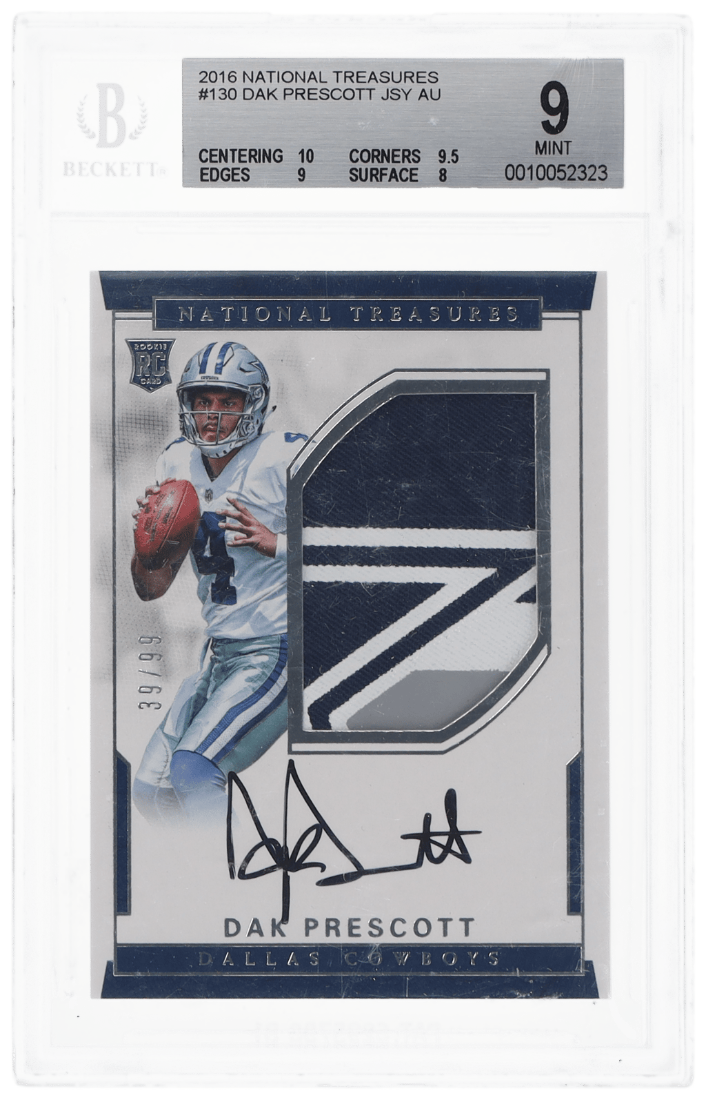 2016 National Treasures Rookie Patch Autograph Dak Prescott #130 39/99 BGS 9