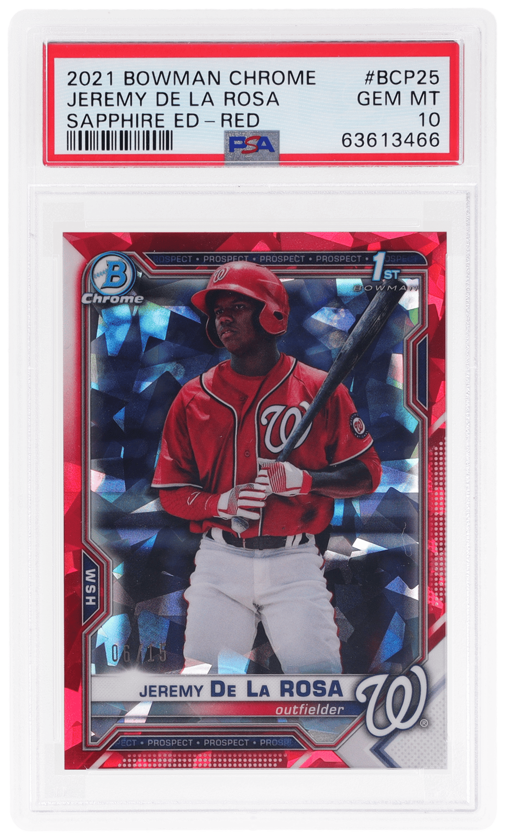 2021 Bowman Sapphire Chrome Prospect Red Refractor Jeremy De La Rosa #BCP25 6/15 PSA 10