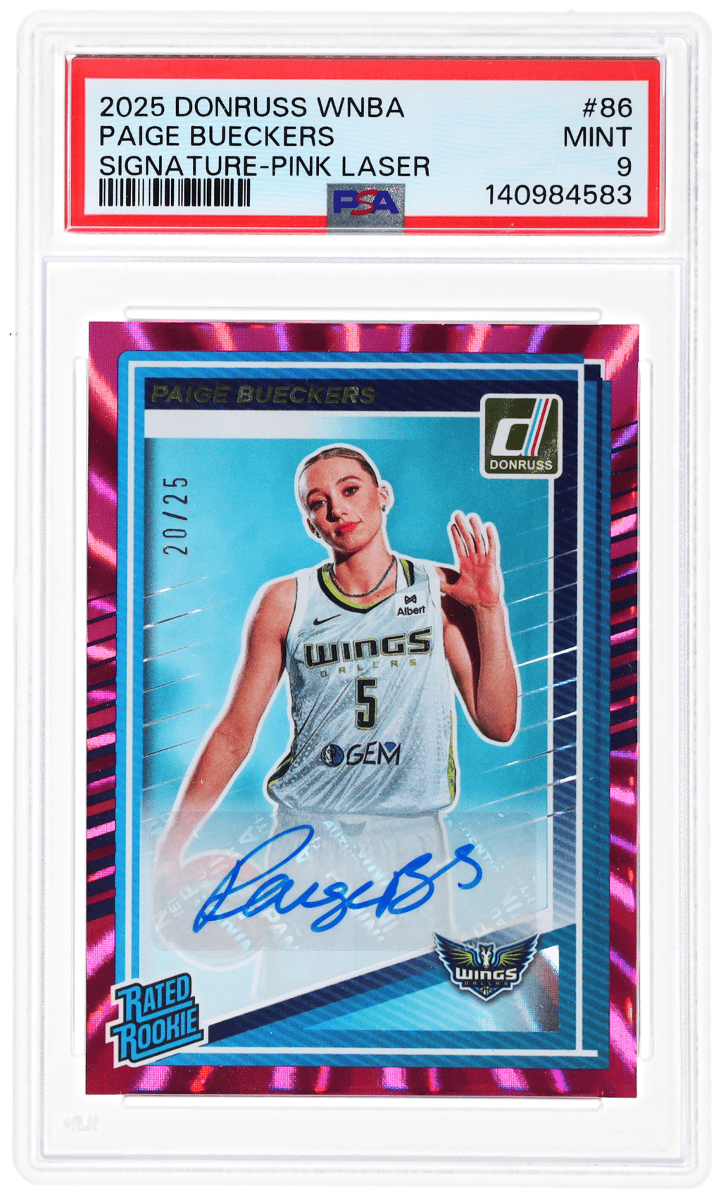 2025 Panini Donruss WNBA Rated Rookie Signature Pink Laser Paige Bueckers #86 20/25 PSA 9