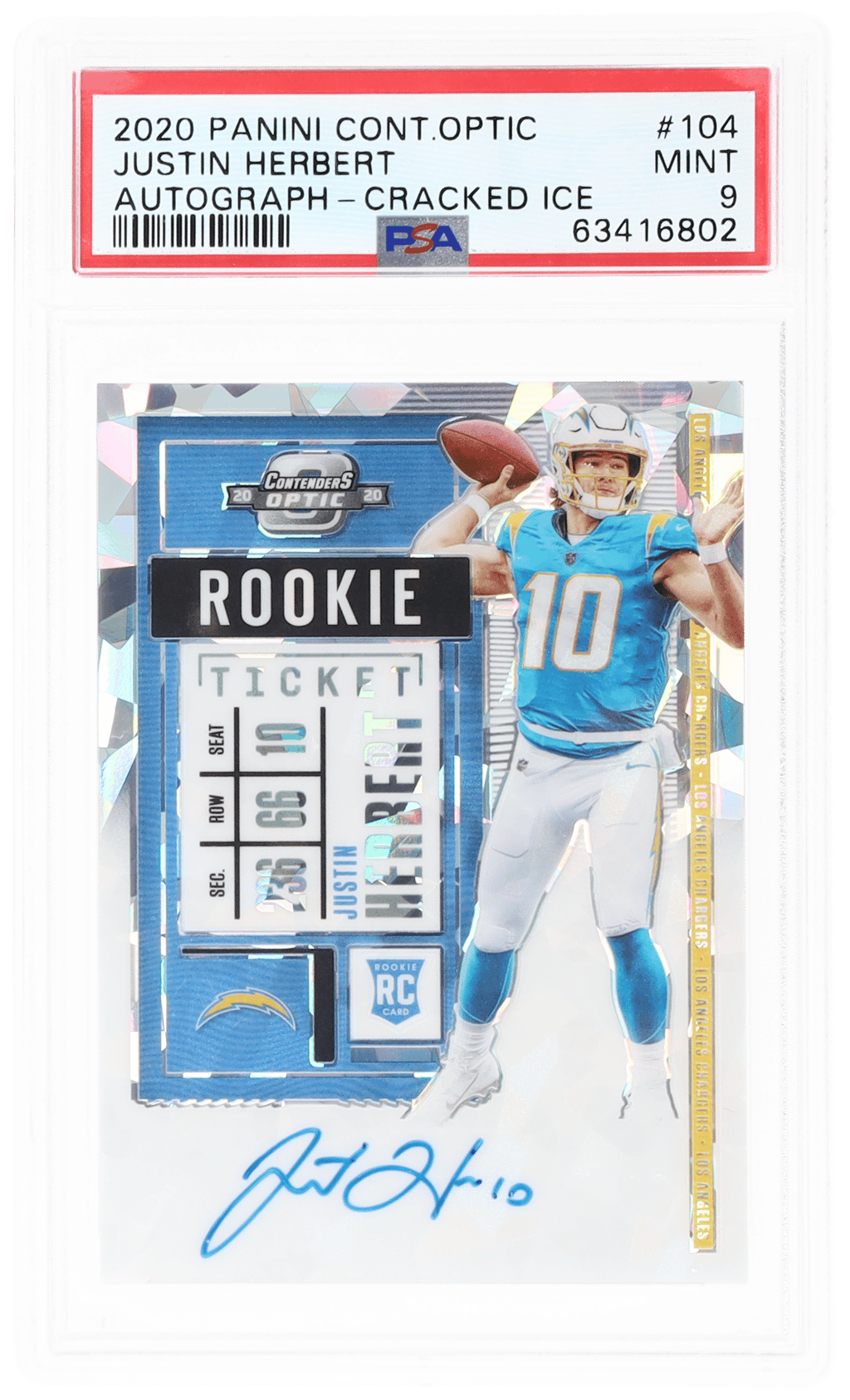 2020 Panini Contenders Optic Rookie Ticket Autograph Cracked Ice Justin Herbert #104 2/22 PSA 9