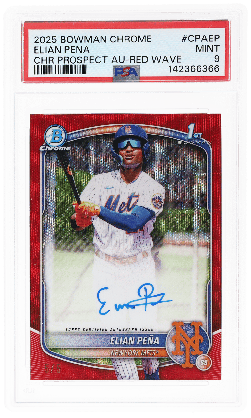 2025 Bowman Chrome Prospect Autograph Red Wave Refractor Elian Pena #CPAEP 5/5 PSA 9
