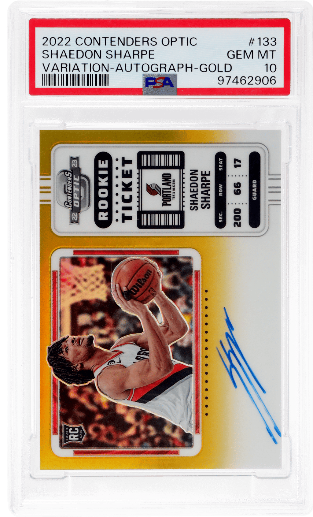 2022 Panini Contenders Optic Horizontal Variation Rookie Ticket Autograph Gold Shaedon Sharpe #133 6/10 PSA 10