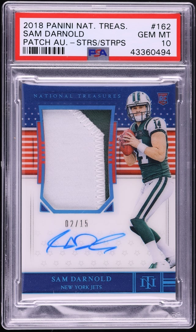 2018 National Treasures Stars & Stripes Sam Darnold ROOKIE PATCH AUTO /15 #162 PSA 10 GEM MINT