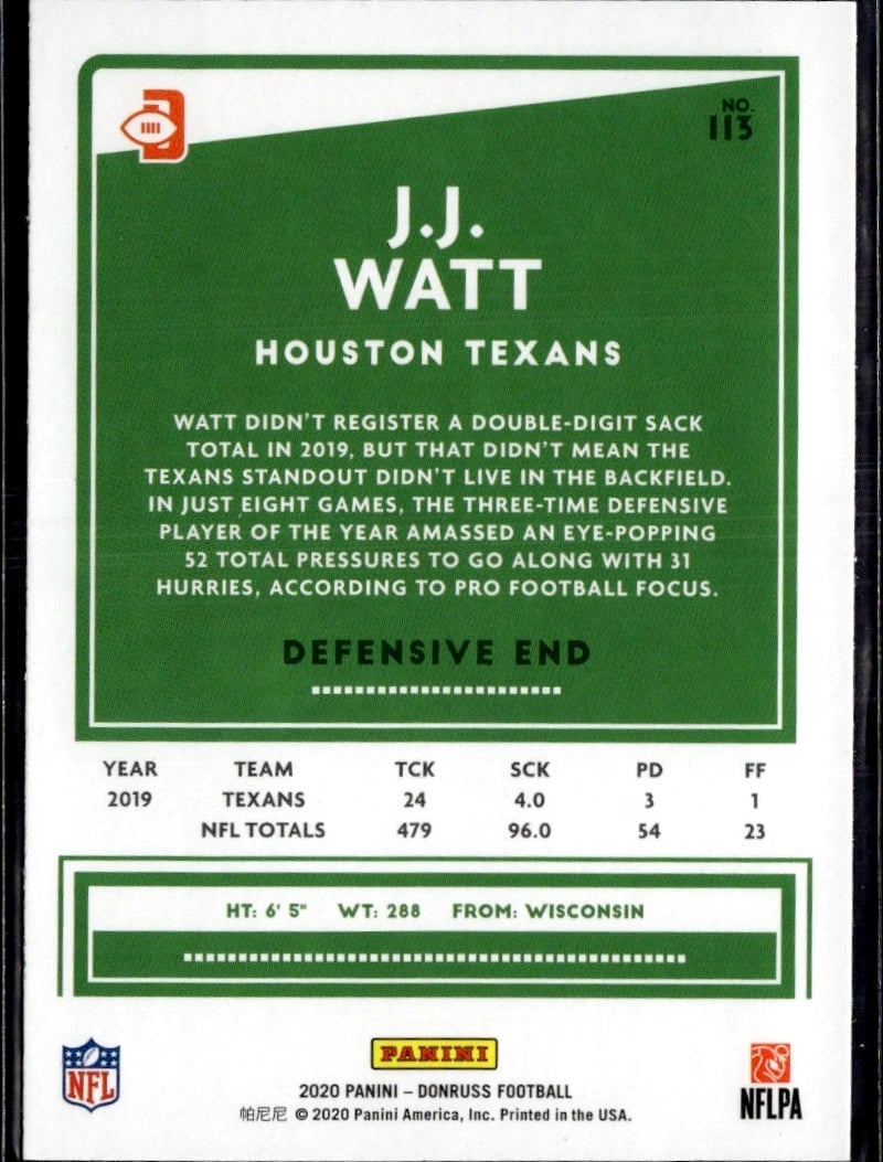 2020 J. J. Watt #113 Donruss (back)