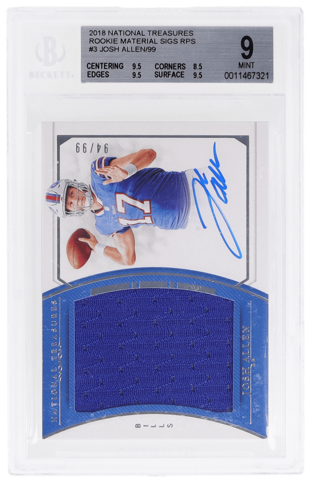2018 National Treasures Rookie Material Signature Rps Josh Allen #RMSJA 94/99 BGS 9
