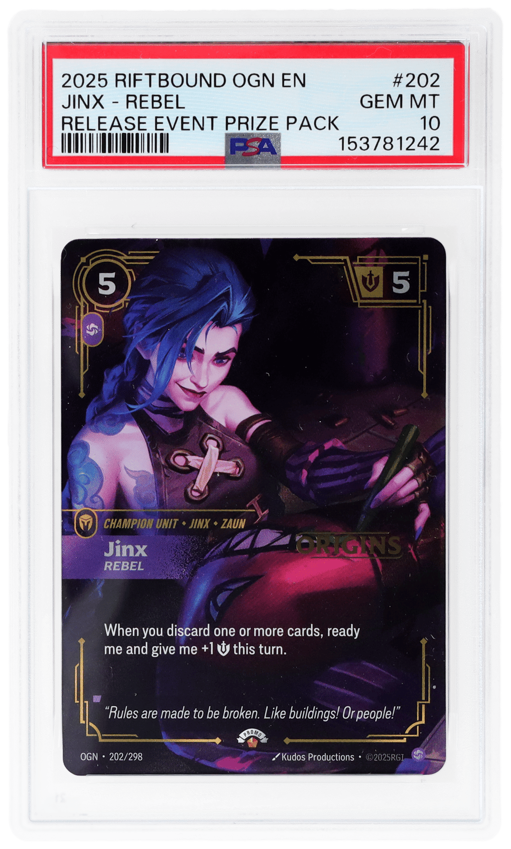 2025 Riftbound League of Legends Origins Release Event Prize Pack Jinx #202 PSA 10