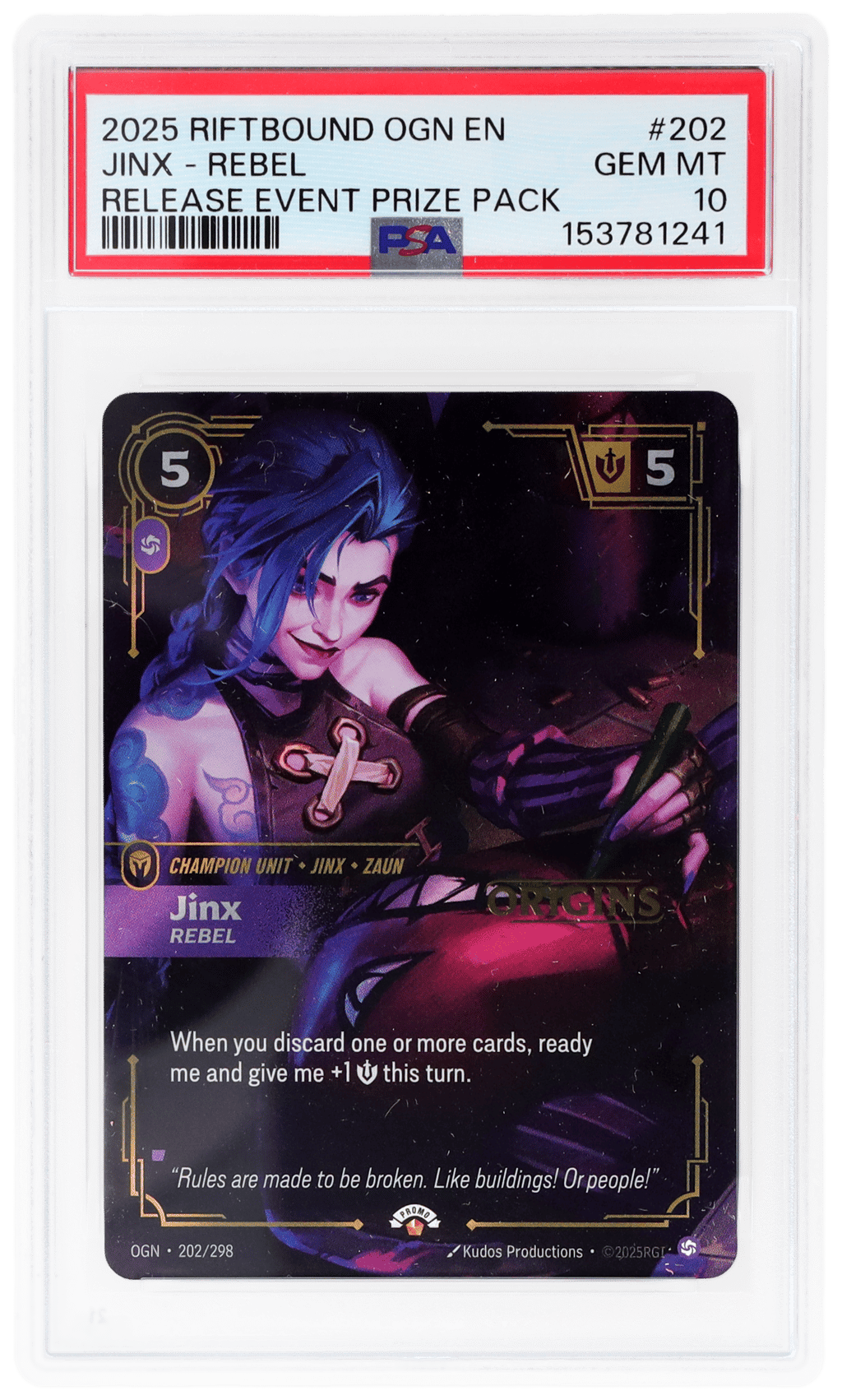2025 Riftbound League of Legends Origins Release Event Prize Pack Jinx #202 PSA 10