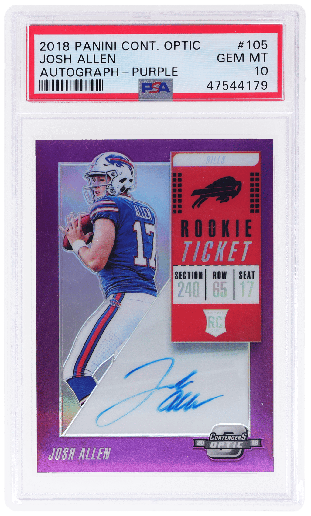 2018 Panini Contenders Optic Rookie Ticket Autograph Purple Josh Allen #105 1/49 PSA 10