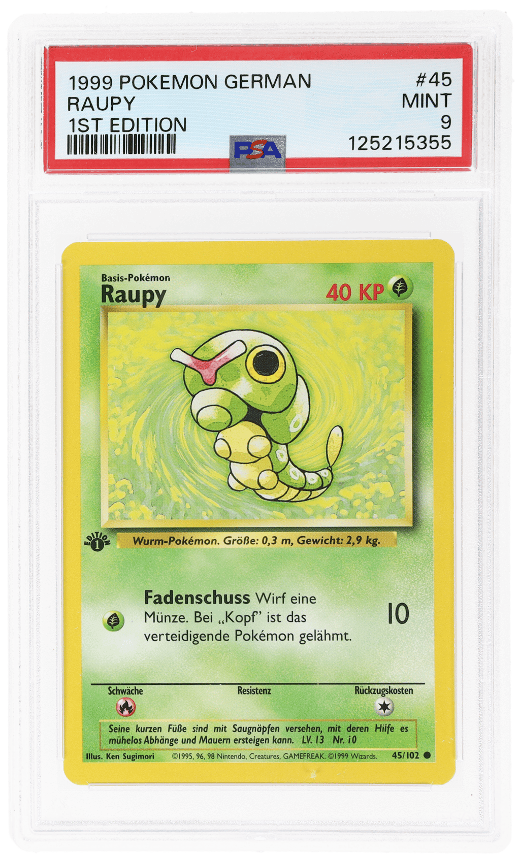 1999 Pokemon Base Set German 1st Edition Raupy #45 PSA 9