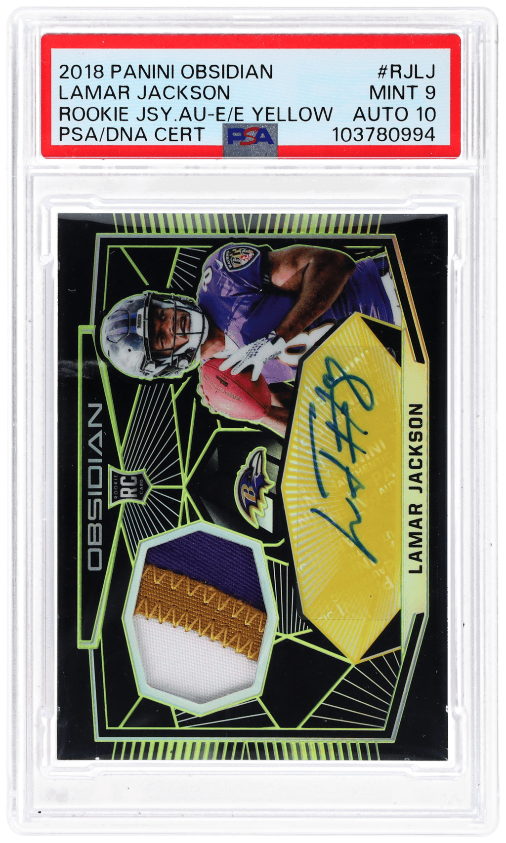 2018 Panini Obsidian Rookie Jersey Autograph Electric Etch Yellow Lamar Jackson #RJLJ 1/10 PSA 9