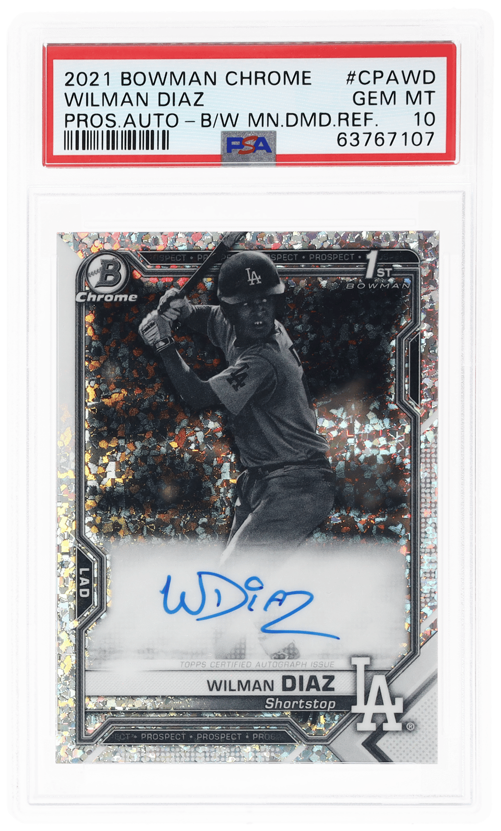 2021 Bowman Chrome Prospect Autograph Black and White Mini-Diamond Refractor Wilman Diaz #CPAWD PSA 10