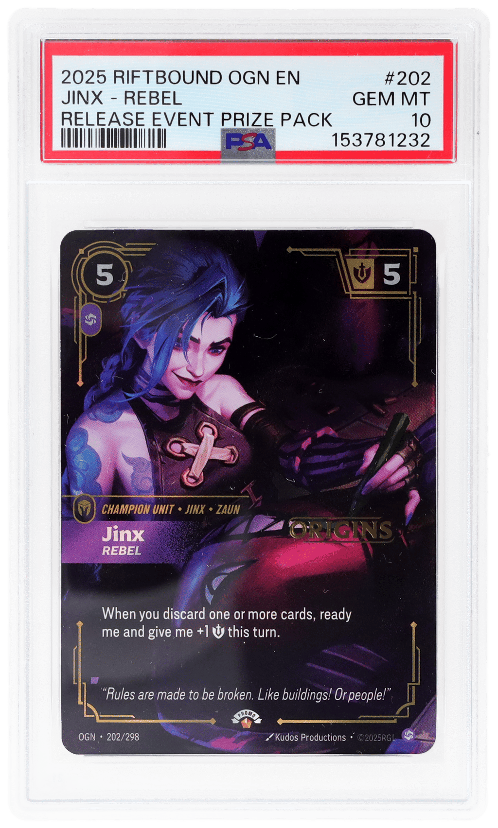 2025 Riftbound League of Legends Origins Release Event Prize Pack Jinx #202 PSA 10