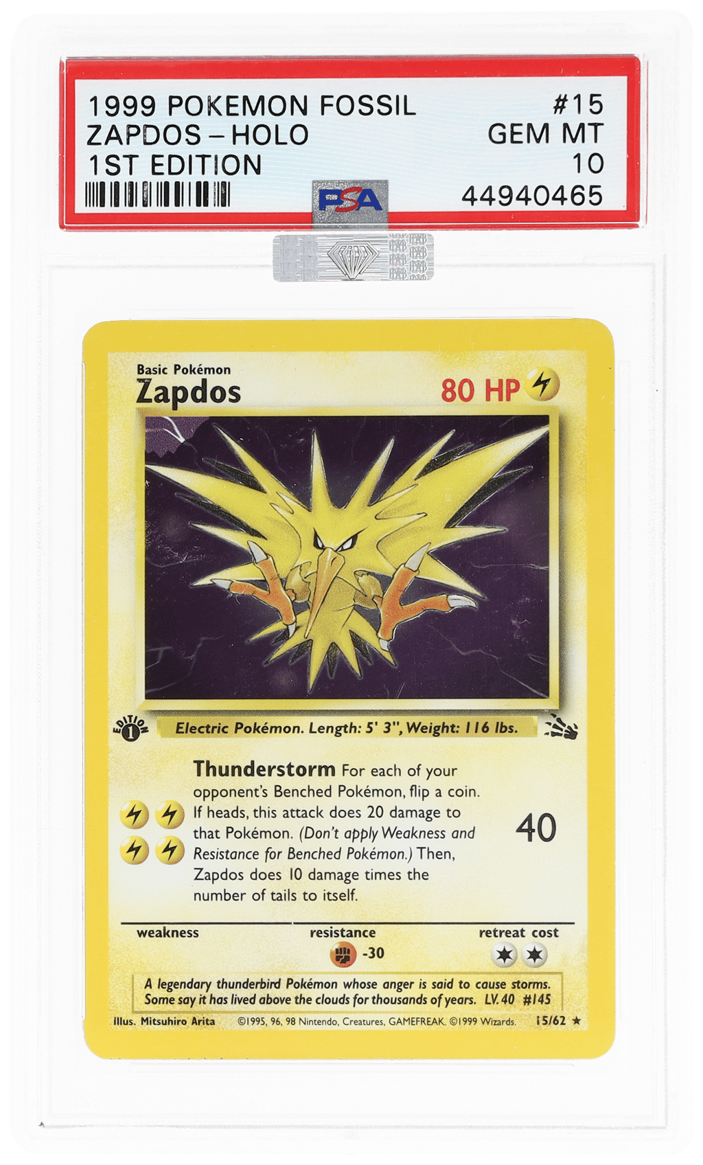 1999 Pokemon Fossil 1st Edition Holo Zapdos #15 PSA 10