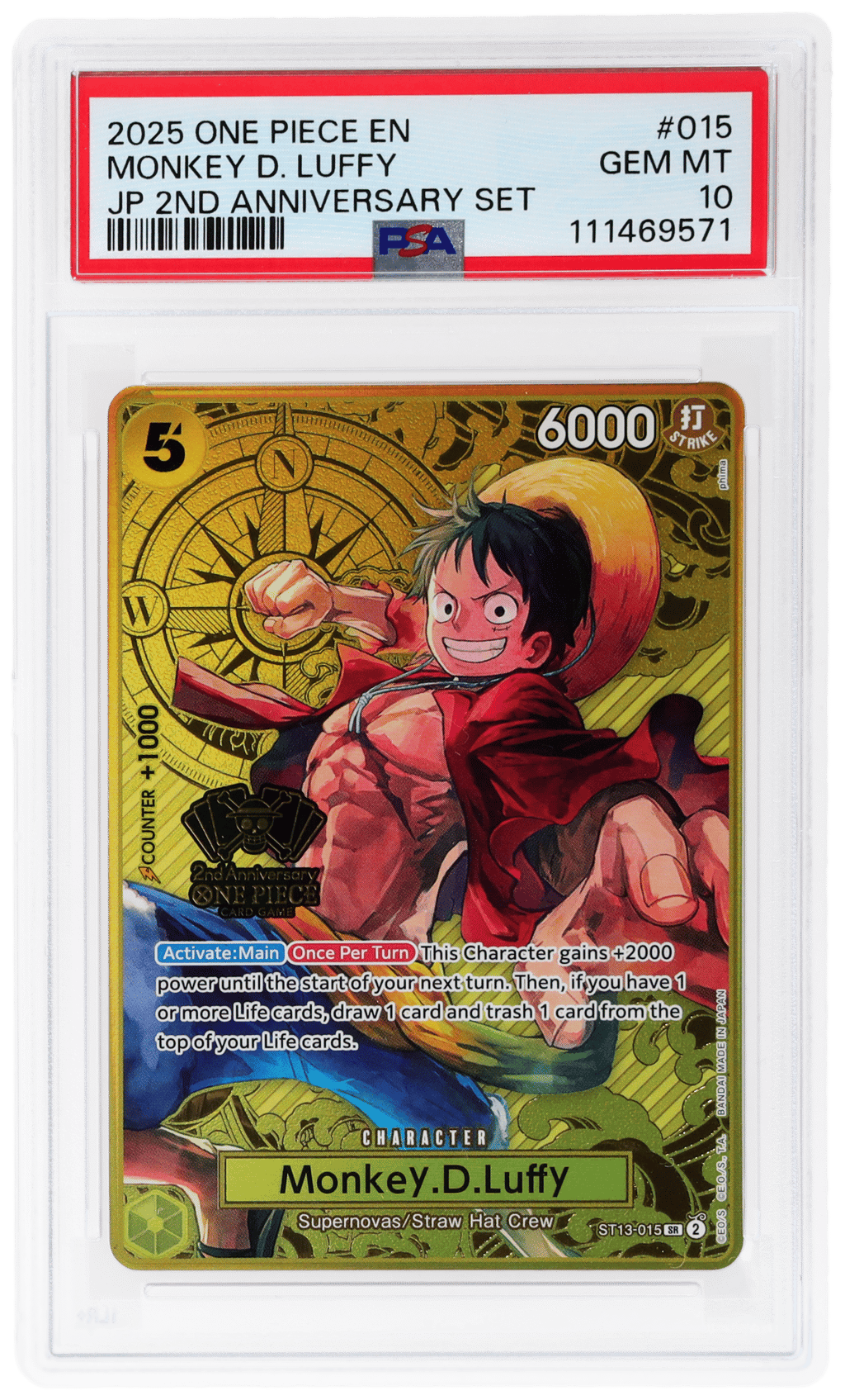 2025 One Piece Card Game Promo 2nd Anniversary Set Monkey D Luffy #ST13015 PSA 10
