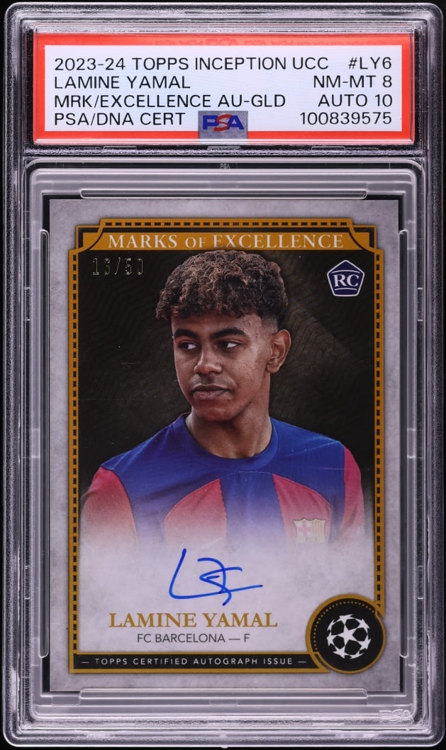 2023 Topps Inception UEFA CC Marks Of Excellence Gold Lamine Yamal ROOKIE AUTO DNA 10 /50 PSA 8