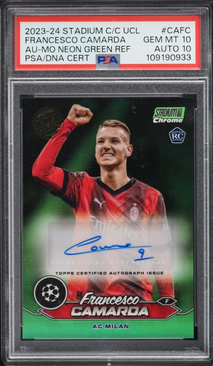 2023 Stadium Club Chrome UEFA CC Neon Green Ref Francesco Camarda ROOKIE AUTO DNA 10 /99 PSA 10