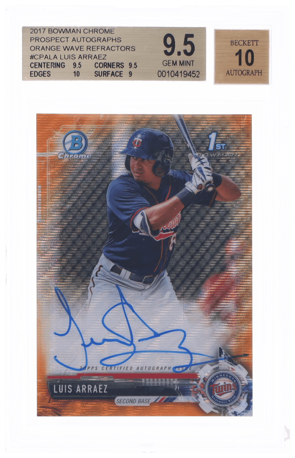 2017 Bowman Chrome Prospect Autograph Orange Wave Refractor Luis Arraez #CPA-LA 13/25 BGS 9.5