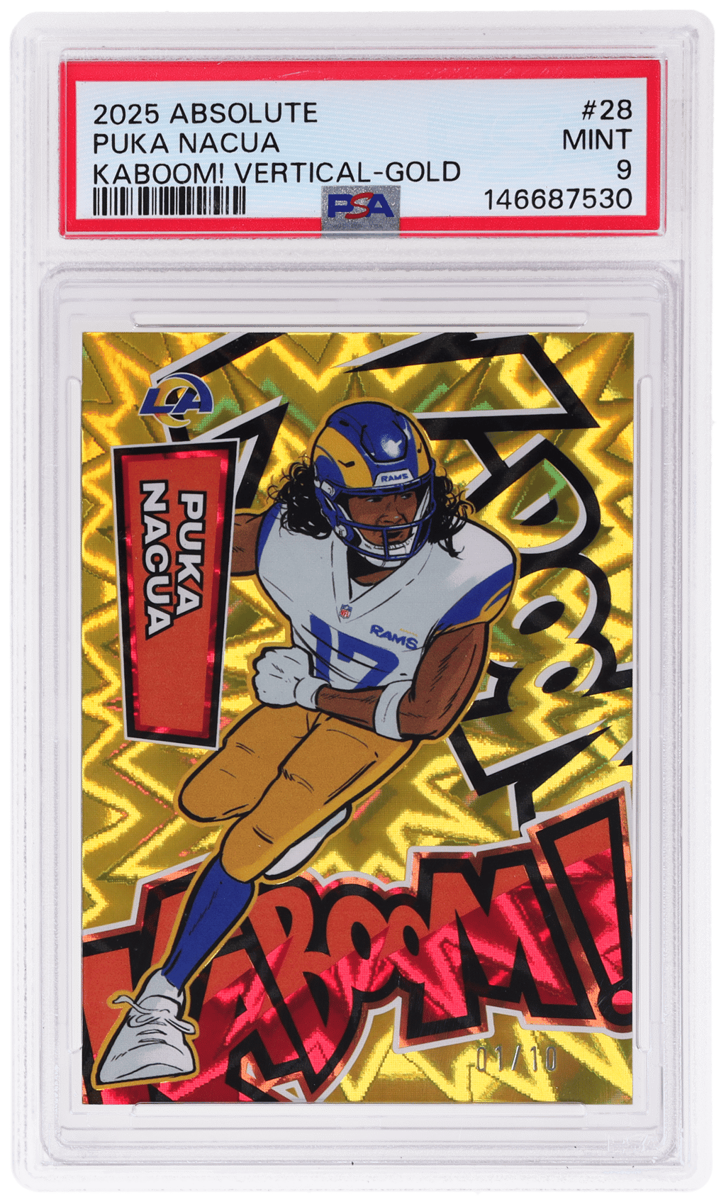 2025 Panini Absolute Kaboom! Vertical Gold Puka Nacua #28 1/10 PSA 9