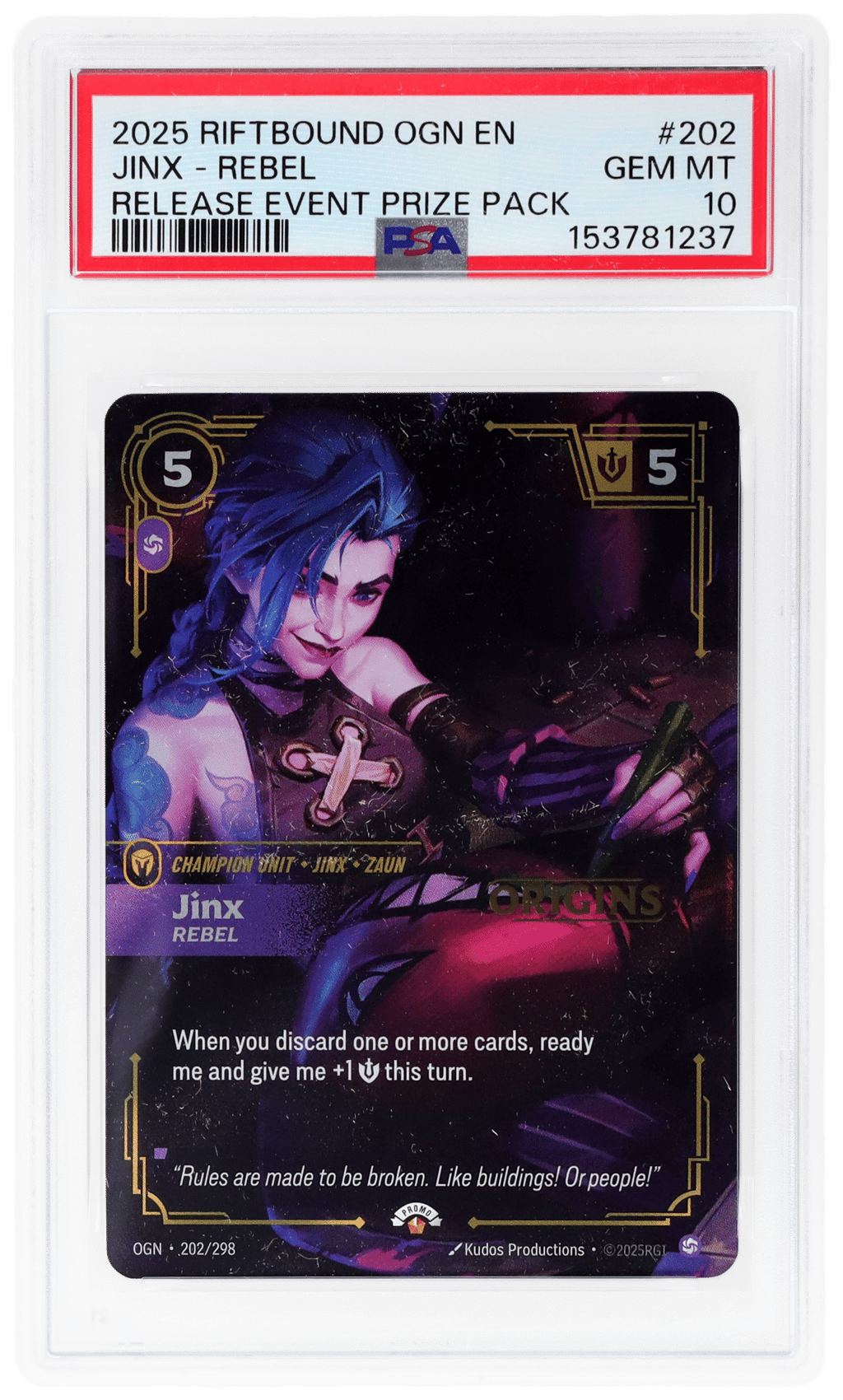 2025 Riftbound League of Legends Origins Release Event Prize Pack Jinx #202 PSA 10