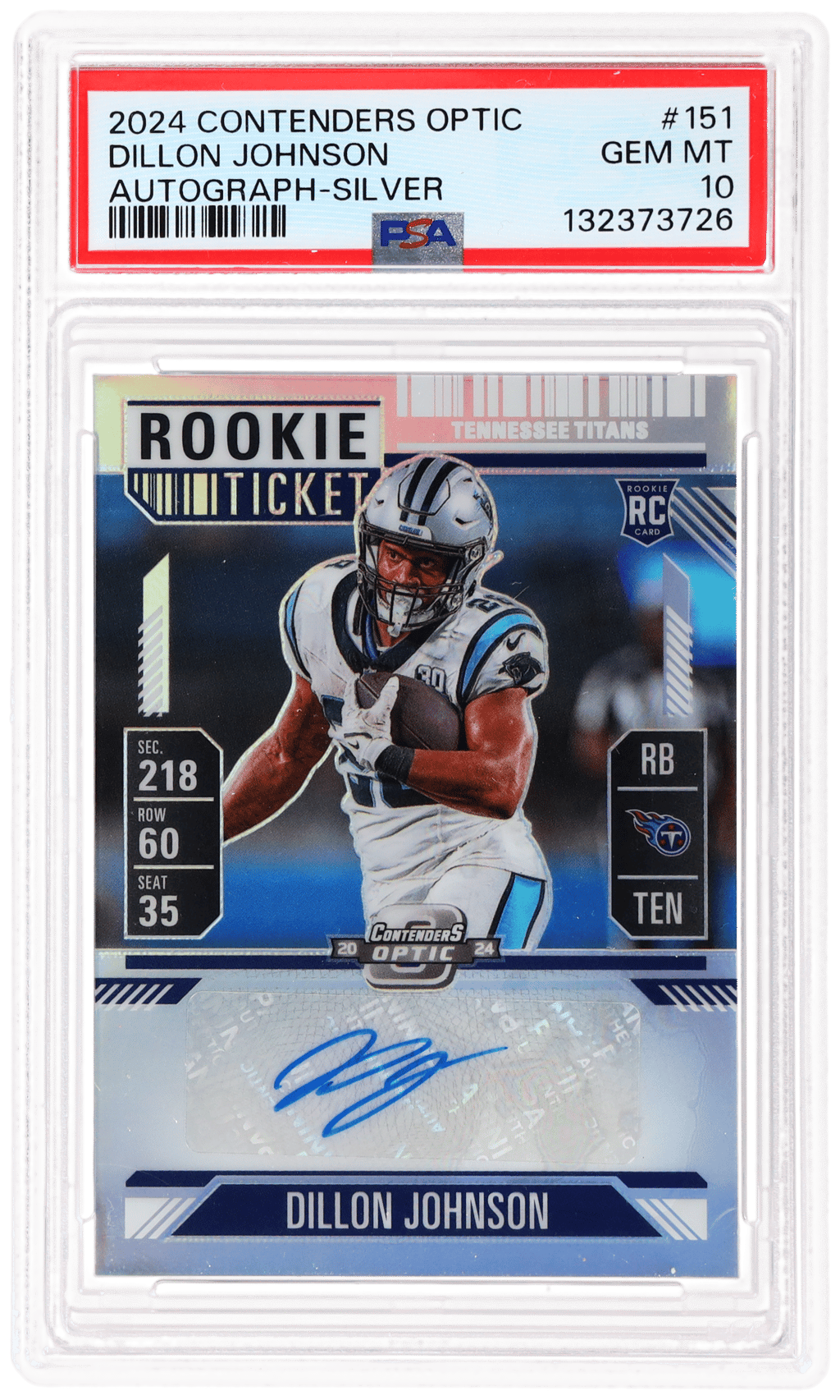 2024 Contenders Optic Autograph Silver Dillon Johnson #151 PSA 10