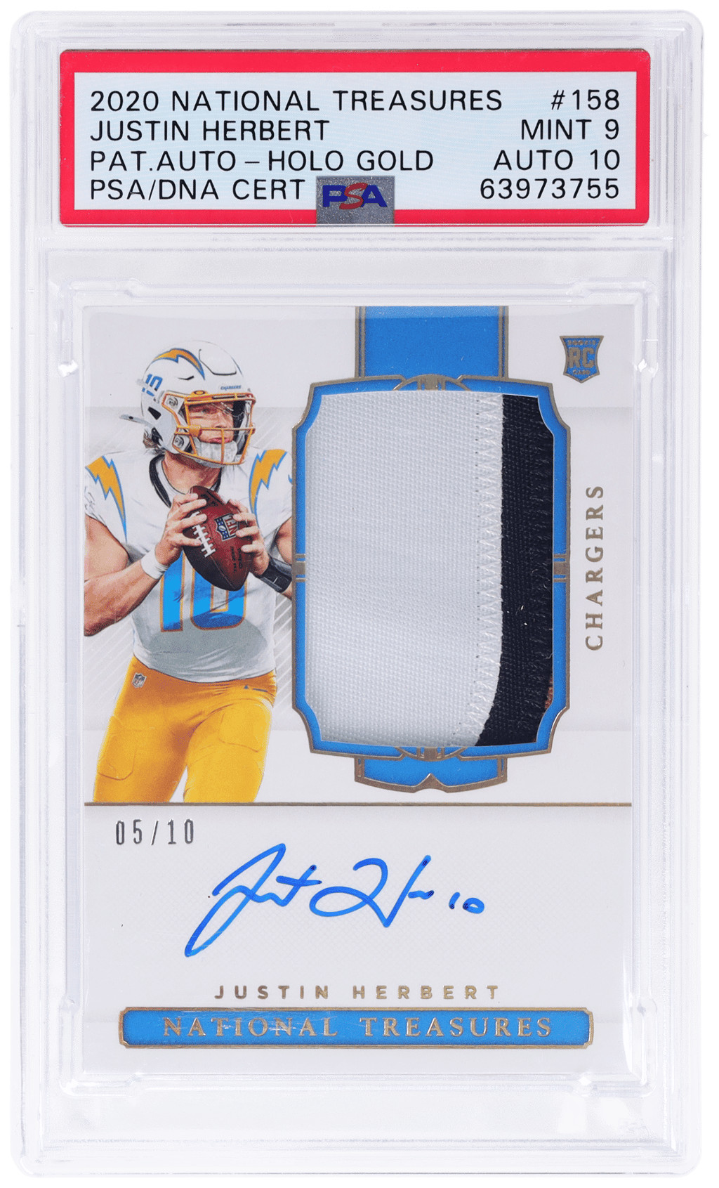 2020 National Treasures Rookie Patch Autograph Holo Gold Justin Herbert #158 5/10 PSA 9