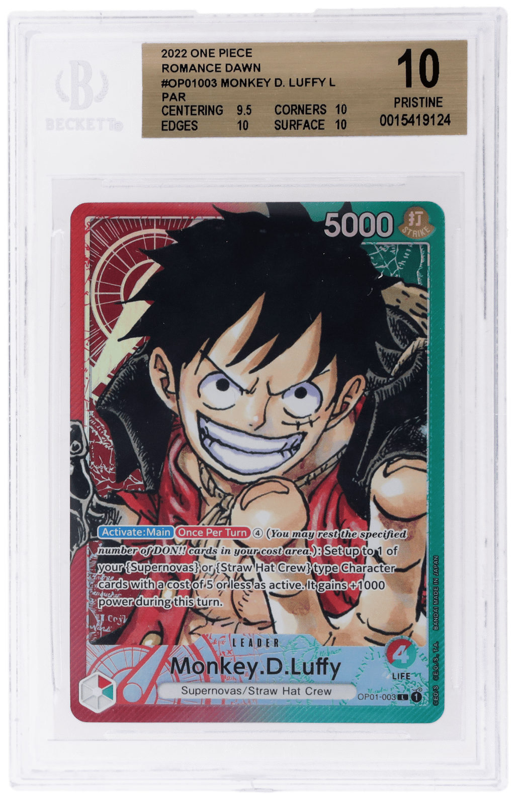 2022 One Piece Romance Dawn Alternate Art Monkey D. Luffy #OP01-003 BGS 10
