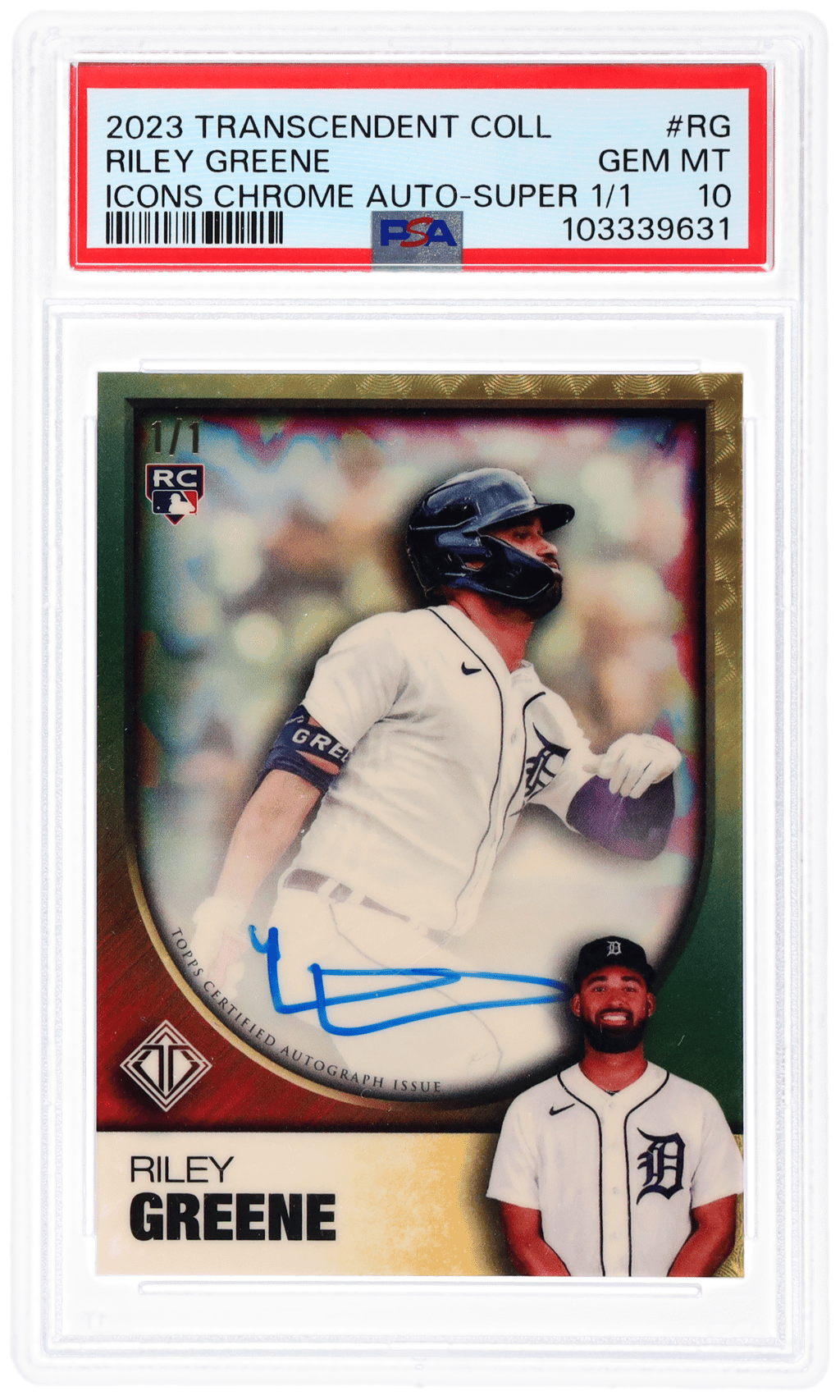 2023 Topps Transcendent Collection Transcendent Icons Chrome Autograph Superfractor Riley Greene #TICAV-RG 1/1 PSA 10