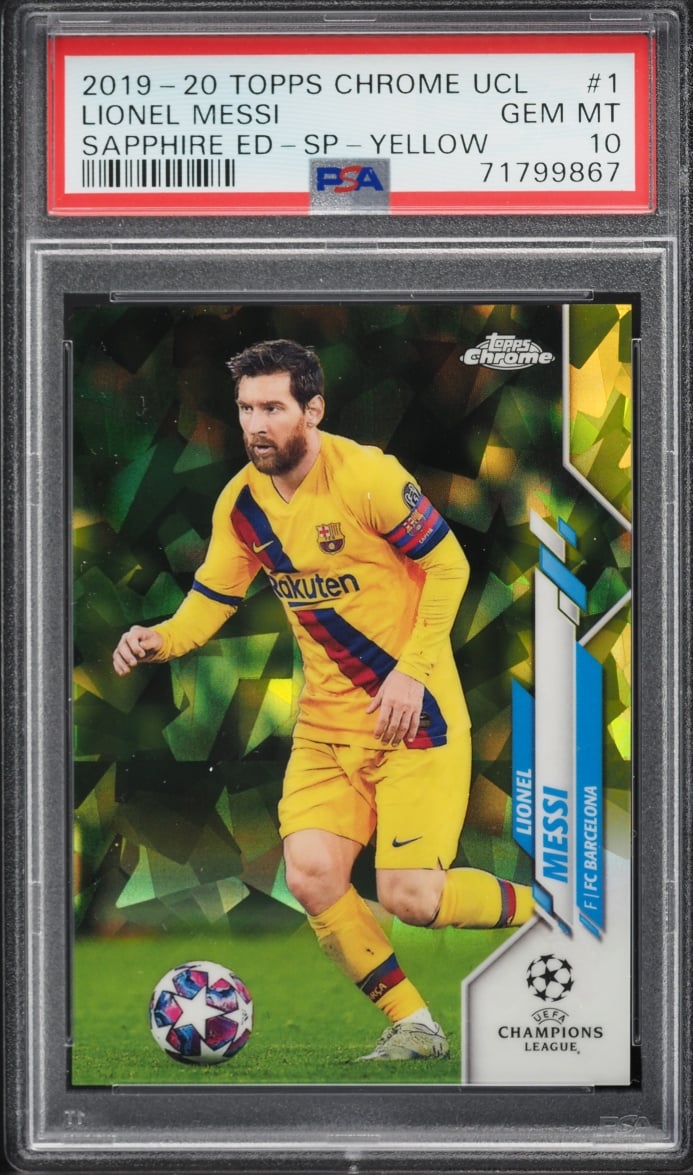 2019 Topps Chrome UEFA Champions League Sapphire Yellow Lionel Messi /99 #1 PSA 10 GEM MINT