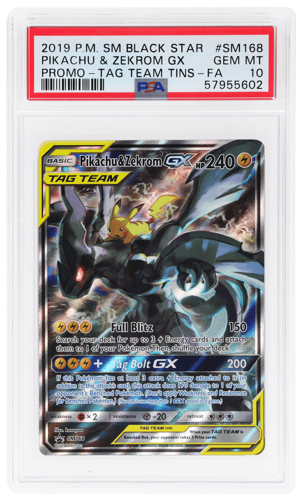 2019 Pokemon Sun and Moon Black Star Promo Tag Team Tins Pikachu/Zekrom Gx #SM168 PSA 10