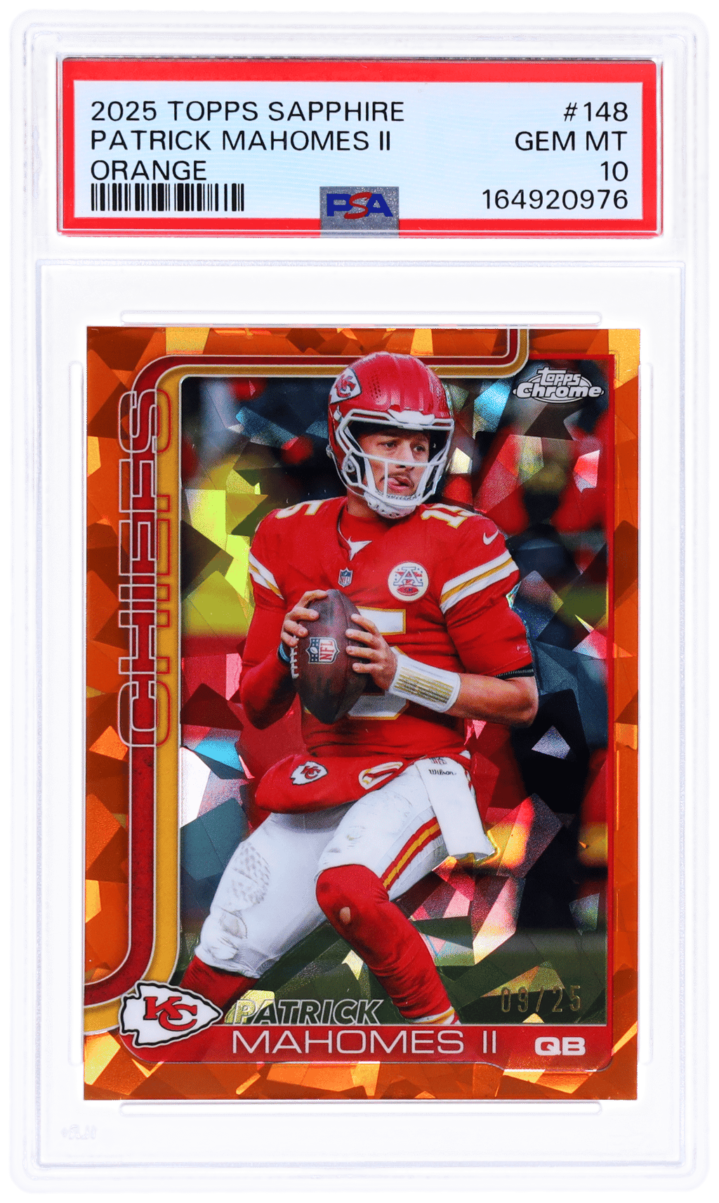 2025 Topps Chrome Sapphire Orange Refractor Patrick Mahomes II #148 9/25 PSA 10