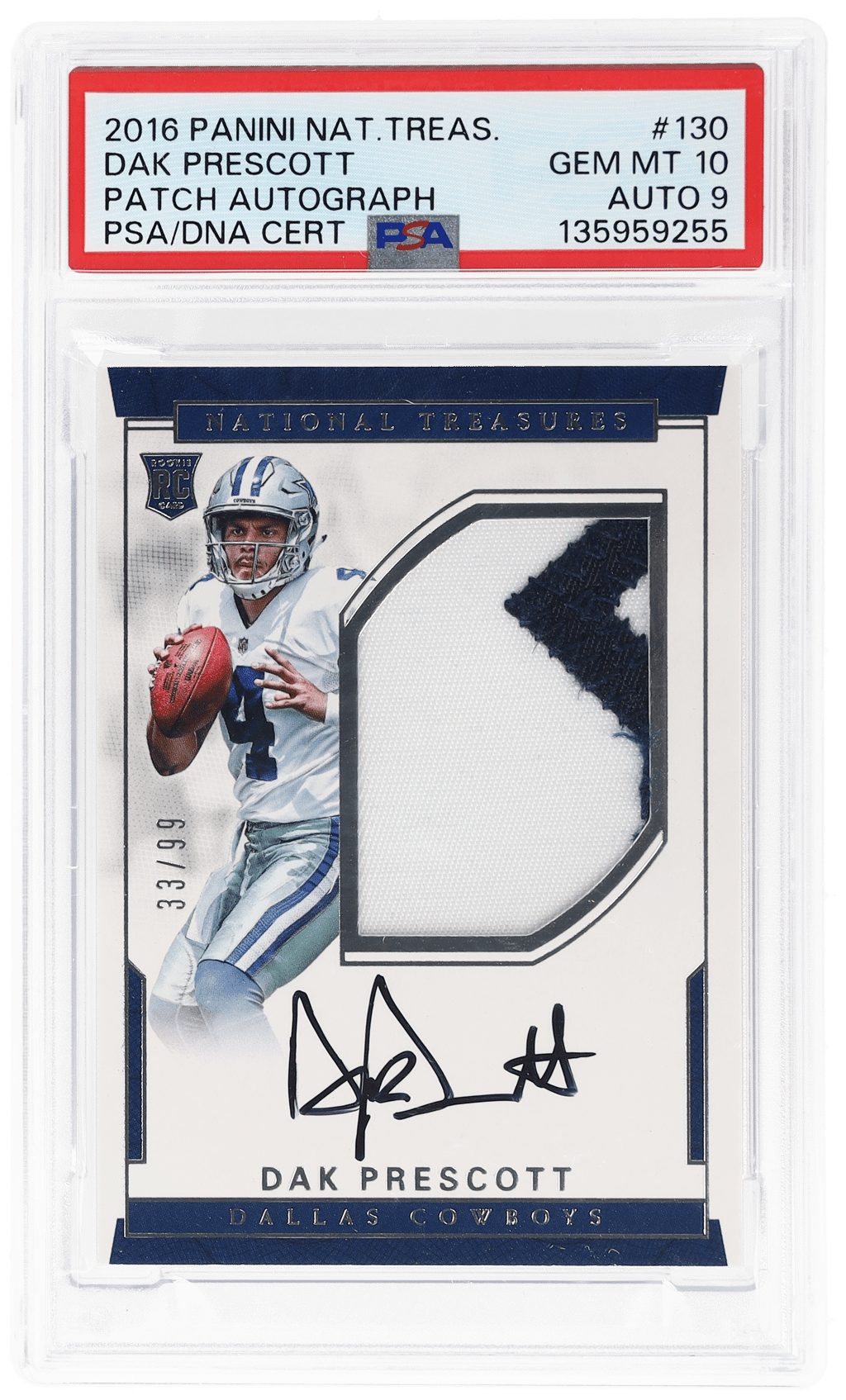 2016 National Treasures Rookie Patch Autograph Dak Prescott #130 33/99 PSA 10