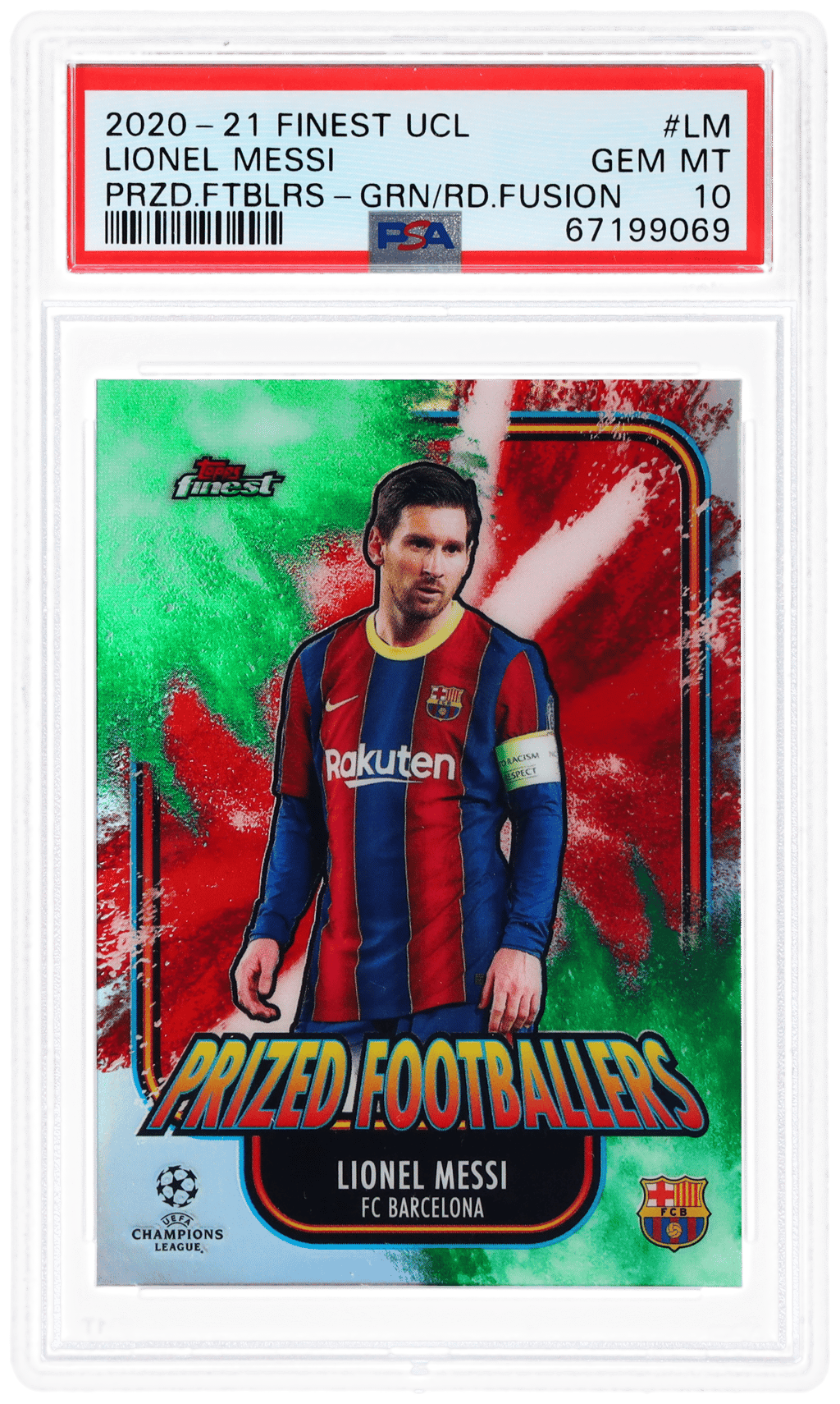2020 Topps Finest UEFA Champions League Prized Footballers Green Red Fusion Lionel Messi #PFF-LM 20/25 PSA 10