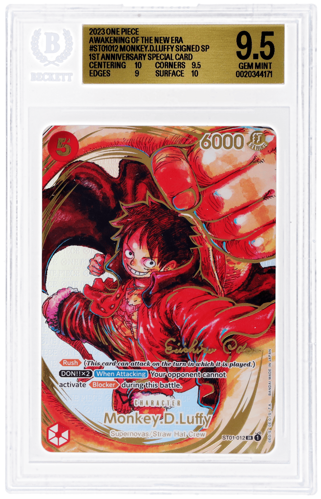 2023 One Piece Awakening of the New Era 1st Anniversary Signature Monkey D Luffy #ST01012 BGS 9.5