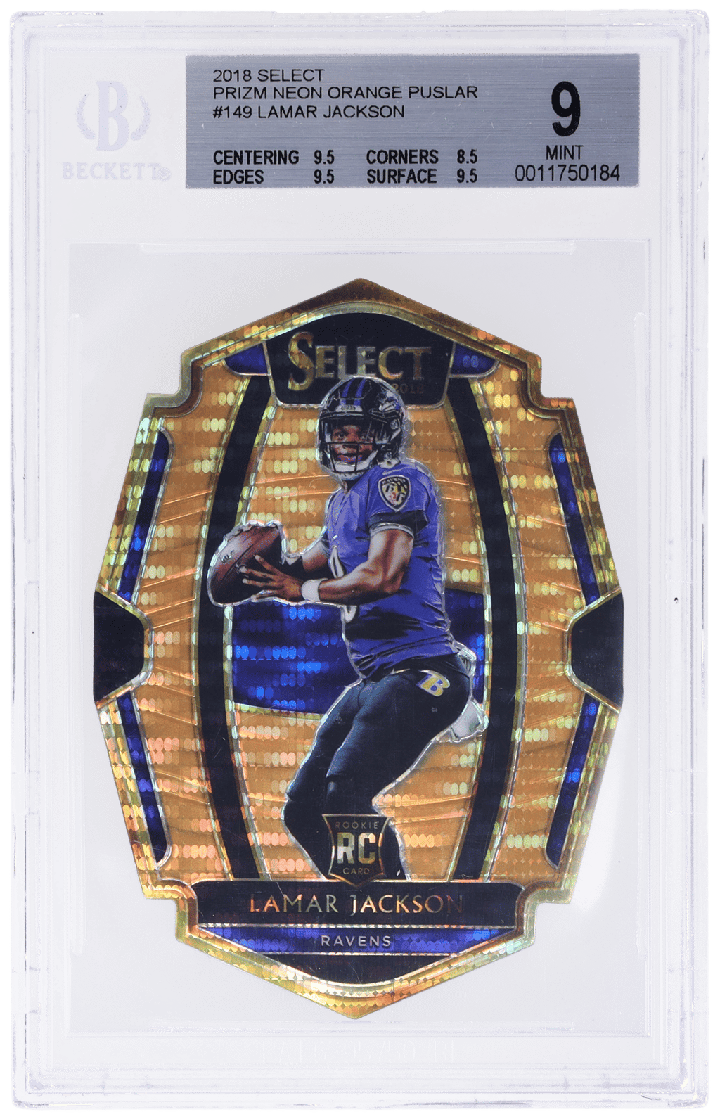 2018 Panini Select Premier Level Neon Orange Puslar Prizm Lamar Jackson #149 5/9 BGS 9