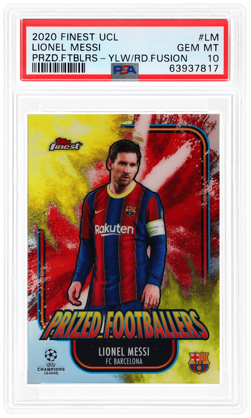 2020 Topps Finest UEFA Champions League Prized Footballers Yellow Red Fusion Lionel Messi #PFFLM PSA 10