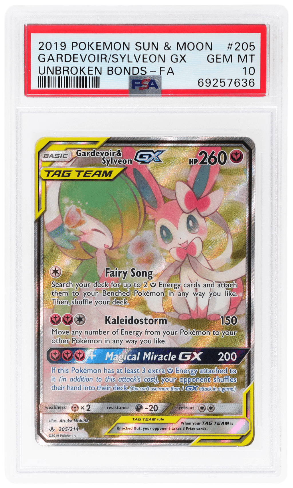 2019 Pokemon Sun and Moon Unbroken Bonds Gardevoir/Sylveon Gx #205 PSA 10