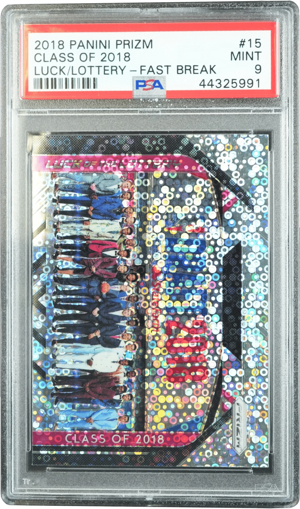2018 CLASS OF 2018 #15 PANINI PRIZM LUCK OF THE LOTTERY LUCK/LOTTERY FAST BREAK PSA 9.0